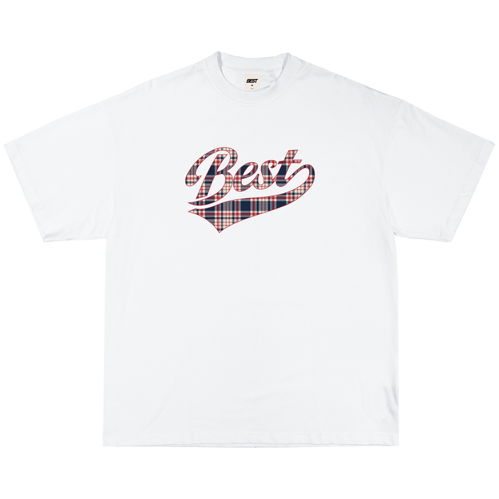 BEST PLAID CHECK SCRIPT TEE BLUE - WHITE