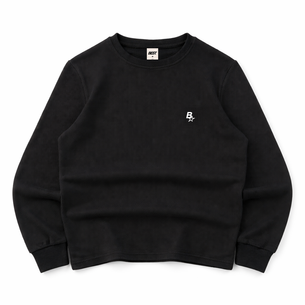 B* LONGSLEEVE WAFFLE TEE - BLACK