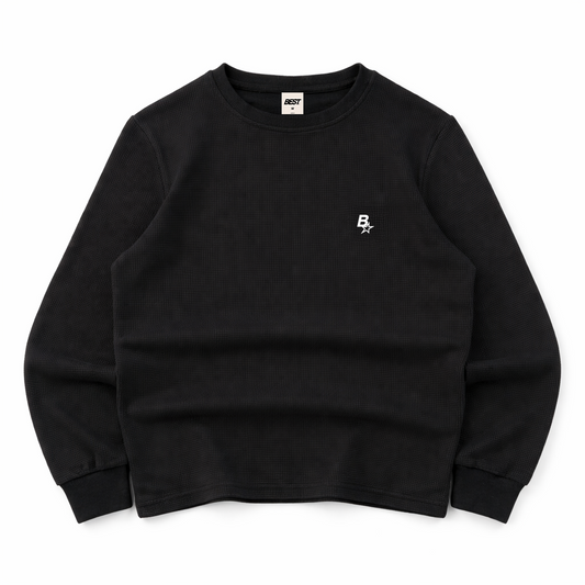 B* LONGSLEEVE WAFFLE TEE - BLACK